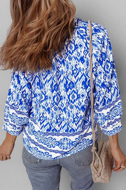 Marina® | Damesblouse met boho-print, 3/4 mouwen en gestrikte hals