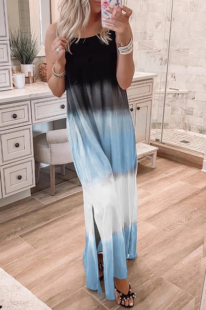 Ella® | Hemelsblauwe tie-dye maxi-jurk met spaghettibandjes en split