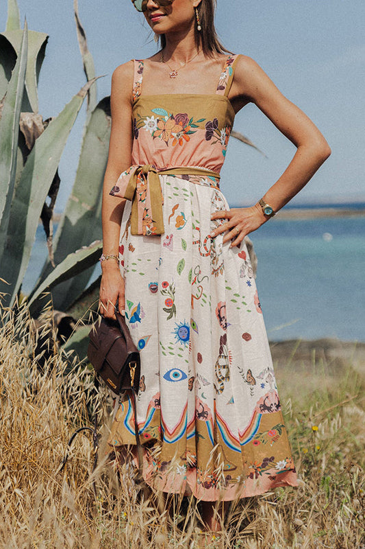 Yazmin® | Summer Vibes linnenmix midi-jurk met unieke print en gesmokte riem