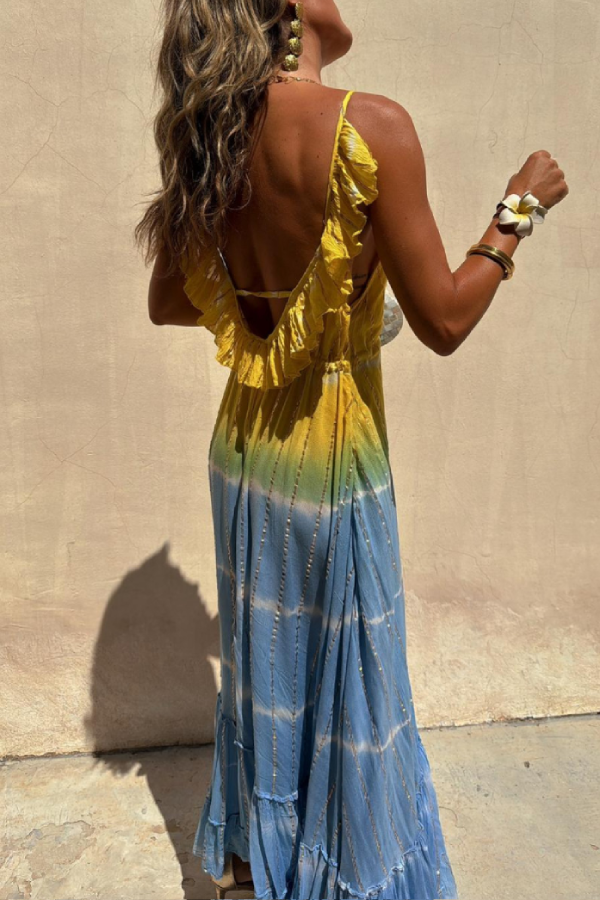 Valery® | Goudkleurige tie-dye maxi-jurk van lurex