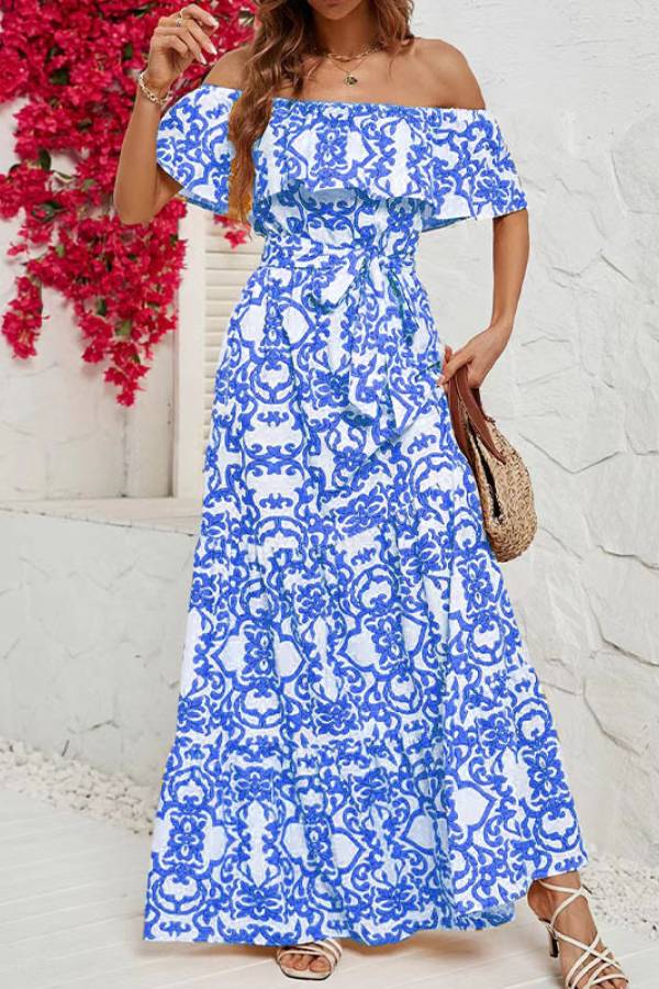 Lucrecia® | Off-shoulder maxi-jurk met korte mouwen en ruches met print