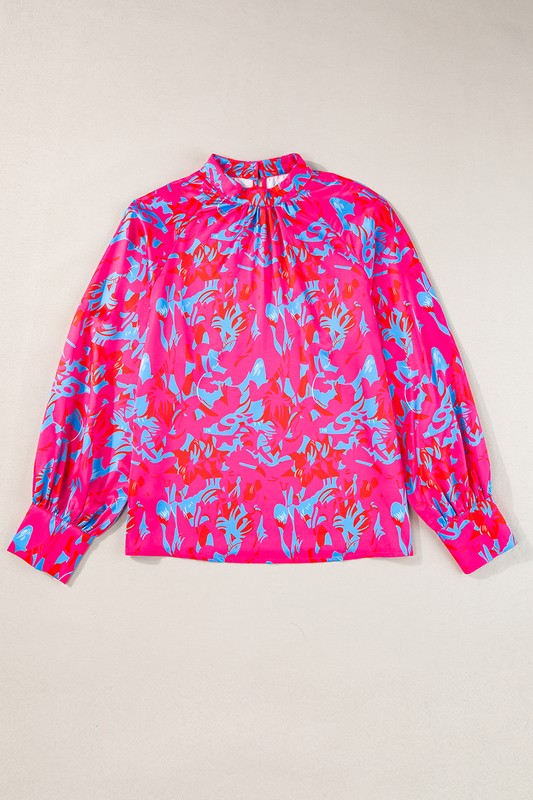 Paz® | Paarse blouse met print, opstaande kraag en ballonmouwen