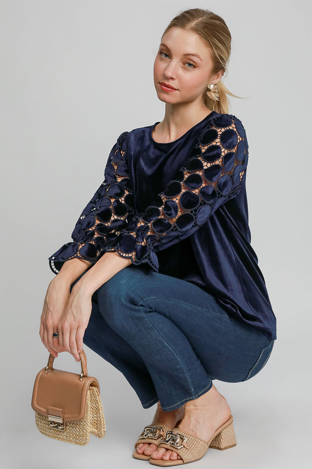 Sol® | Blouse met lange mouwen, gestippeld kant en ronde halslijn