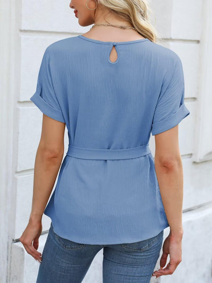 Tamar® | Blouse met korte mouwen, ronde hals en strikbandjes in de taille