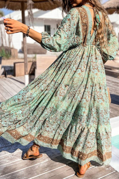 Ella® | Groene maxi-jurk met hoge taille, boho-bloemenprint en trekkoord aan de achterkant