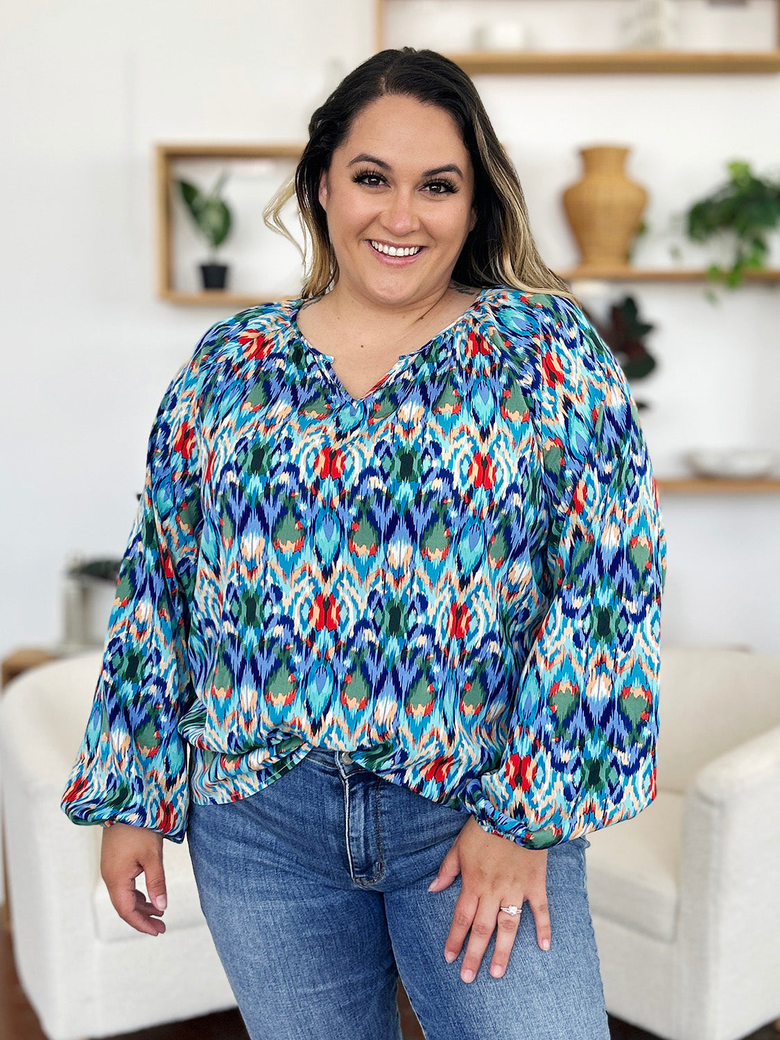 Rosario® | Full size blouse met ballonmouwen en print van Double Take