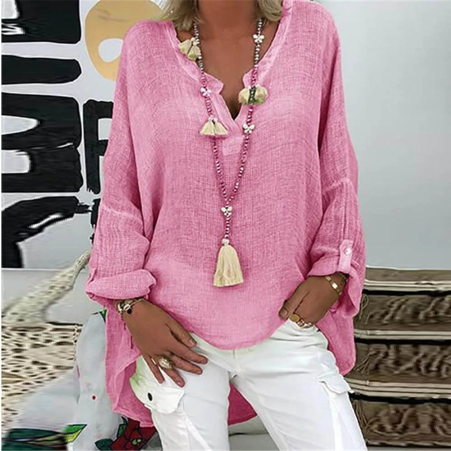 Barbara® | Roze blouse met elegante O-hals