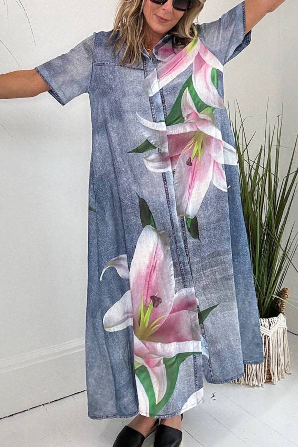 Silvia® | Lange overhemdjurk met orchideeprint en zakken van imitatiedenim