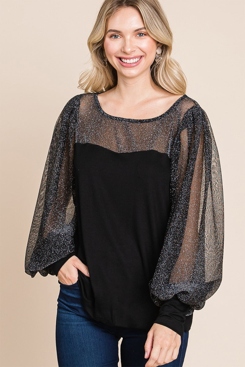 Catalina® | Super lady full-size blouse met metallic mesh en lantaarnmouwen