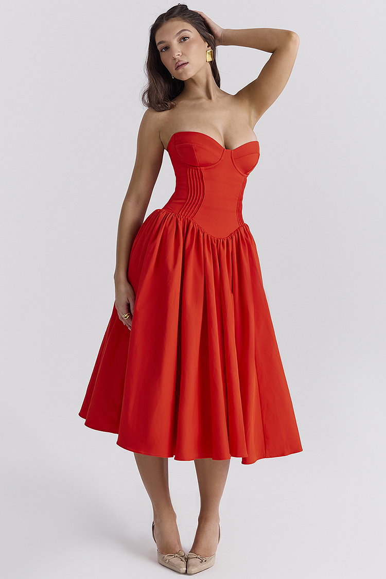 Lisa® | Strapless korset midi-jurk met geplooide zoom voor schoolbal en feest - rood