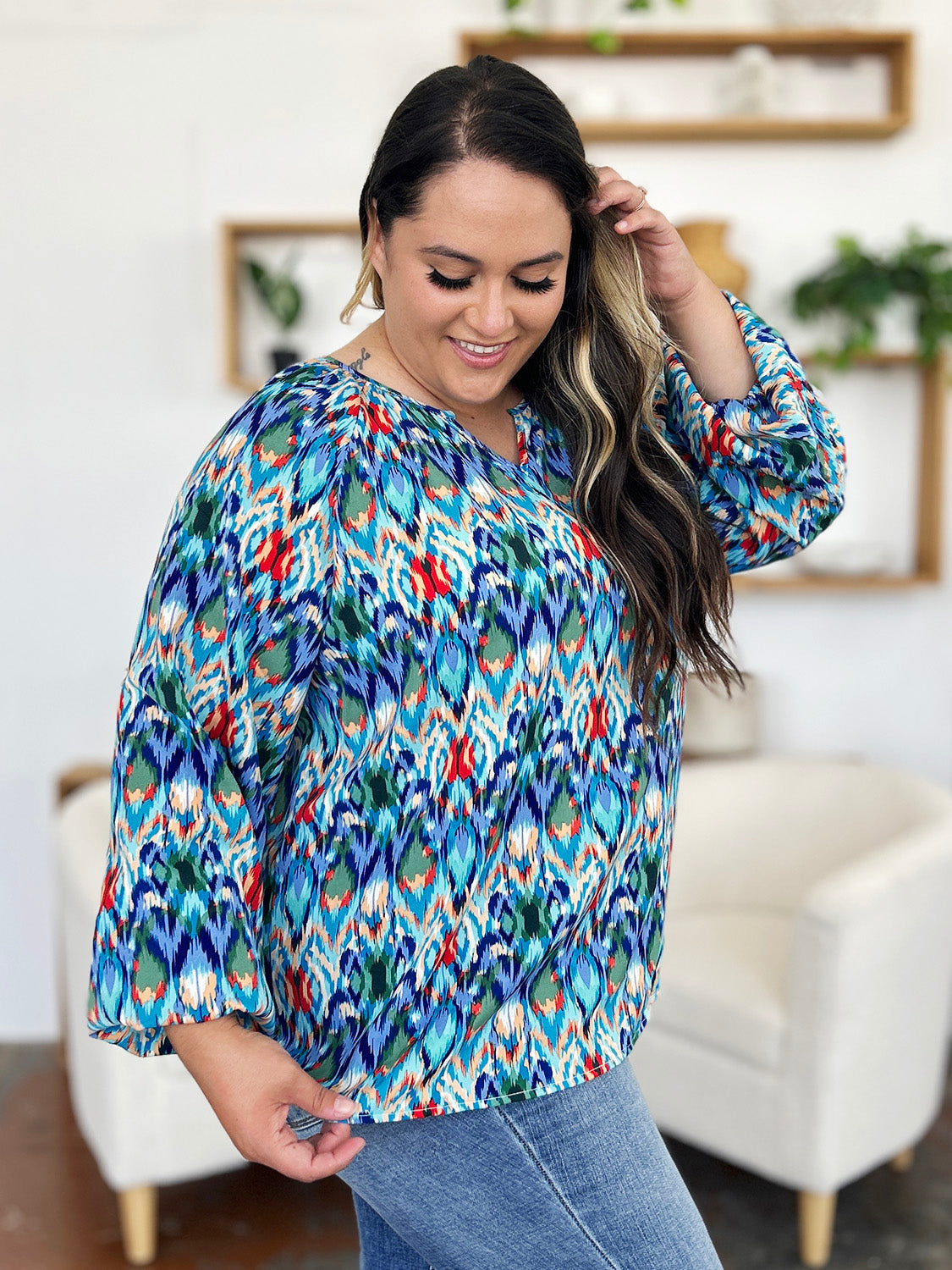 Rosario® | Full size blouse met ballonmouwen en print van Double Take