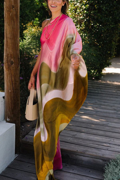 Melisa® | Summertime Favorites tie-dye satijnen maxi-jurk met gedrapeerd schouderdetail