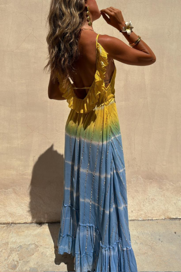 Valery® | Goudkleurige tie-dye maxi-jurk van lurex