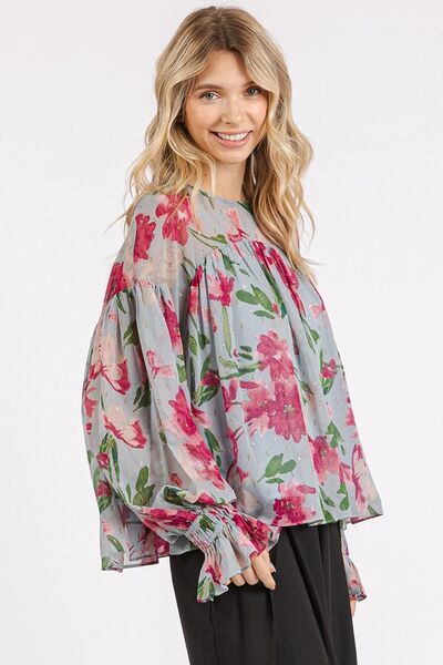 Cristina® | Gebloemde blouse met volantmouwen en een ronde halslijn