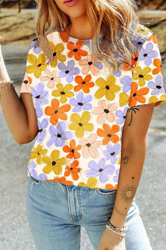 Viviana® | Zomers casual T-shirt met ronde hals en bloemenprint