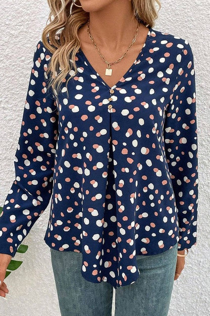 Aelwen® | Blouse met stippen, knoopsluiting aan de voorkant en V-hals