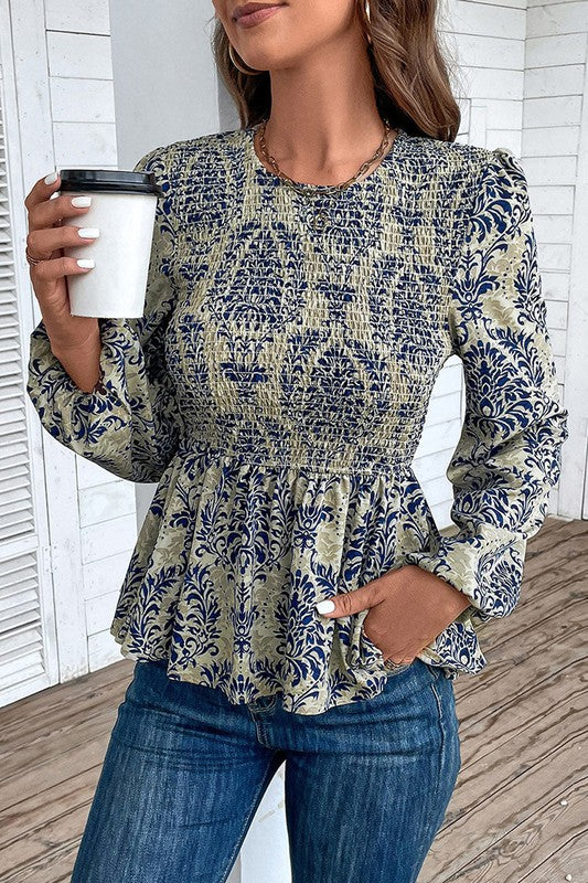 Celeste® | Blouse met gesmokte peplum en ballonmouwen in boho-stijl