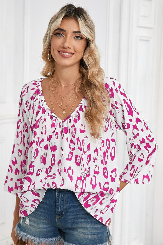 Geduld® | Blouse met luipaardprint, V-hals en 3/4 mouwen