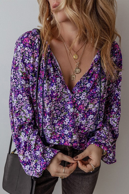 Meredith® | Boho-blouse met gebloemde split, V-hals en ballonmouwen