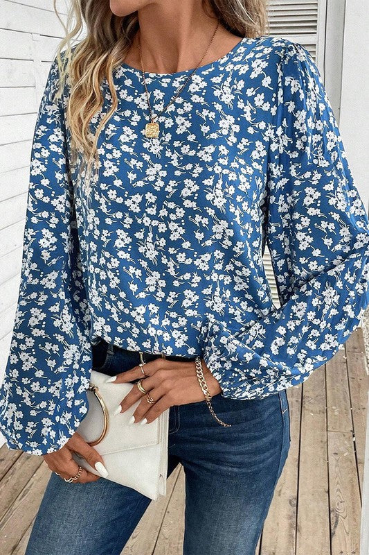 Maricarmen® | Blauwe blouse met bloemmotief en lantaarnmouwen