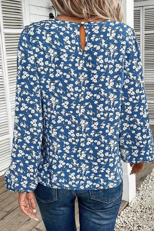 Maricarmen® | Blauwe blouse met bloemmotief en lantaarnmouwen