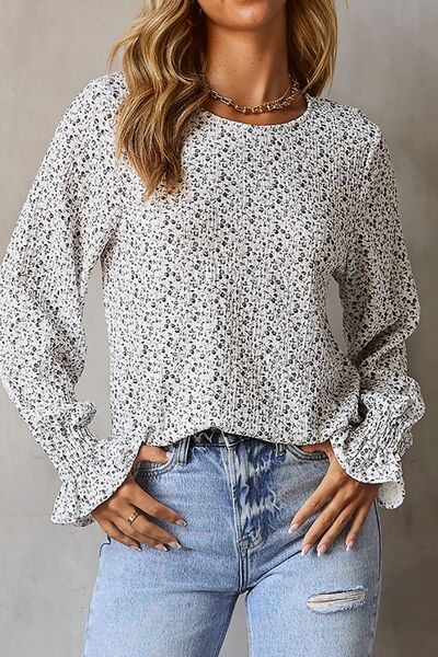 Clara® | Blouse met print, volantmouwen en een ronde halslijn