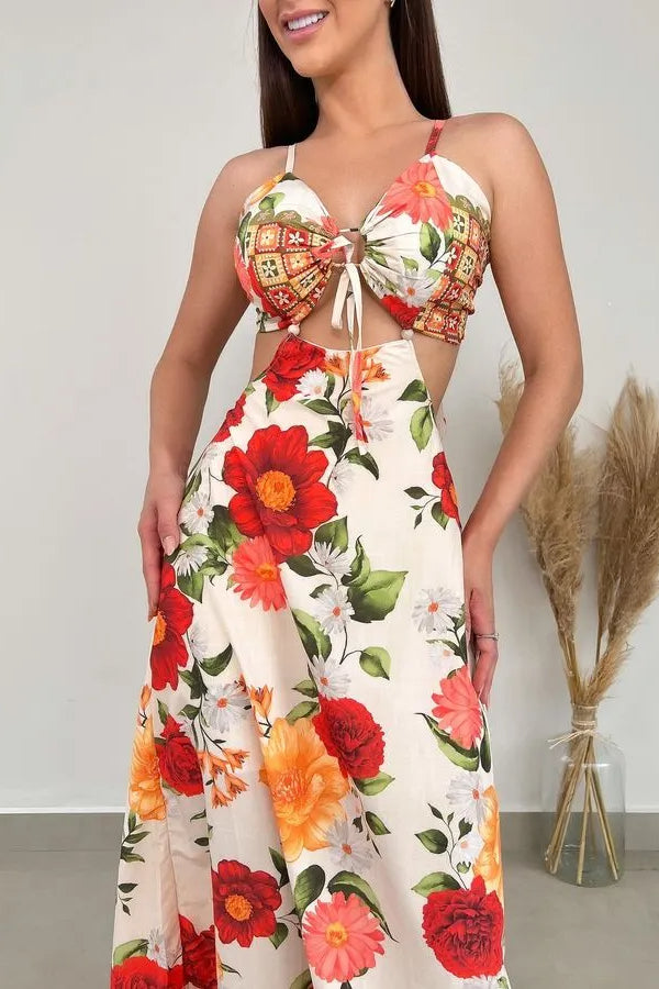 Hana® | Blooming Rose – maxi-jurk met uitsnijdingen en strikbandjes aan de achterkant