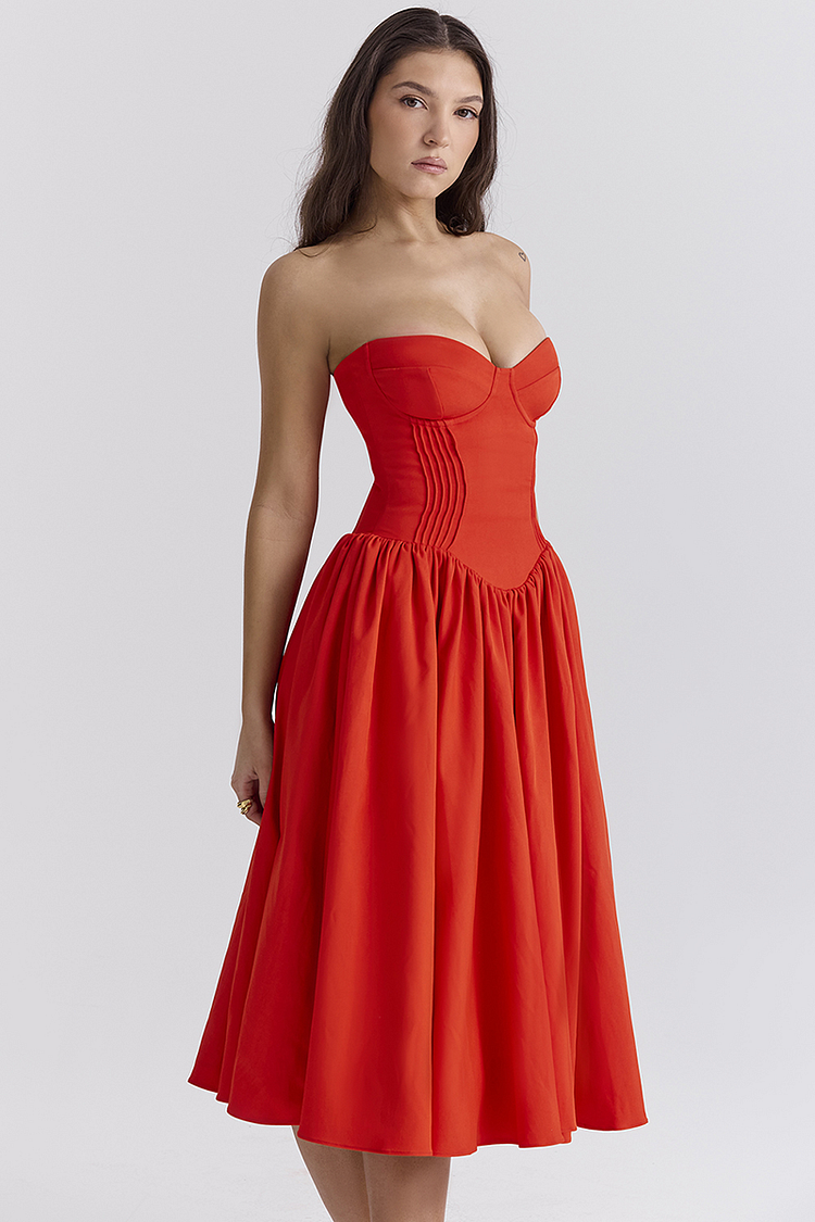 Lisa® | Strapless korset midi-jurk met geplooide zoom voor schoolbal en feest - rood