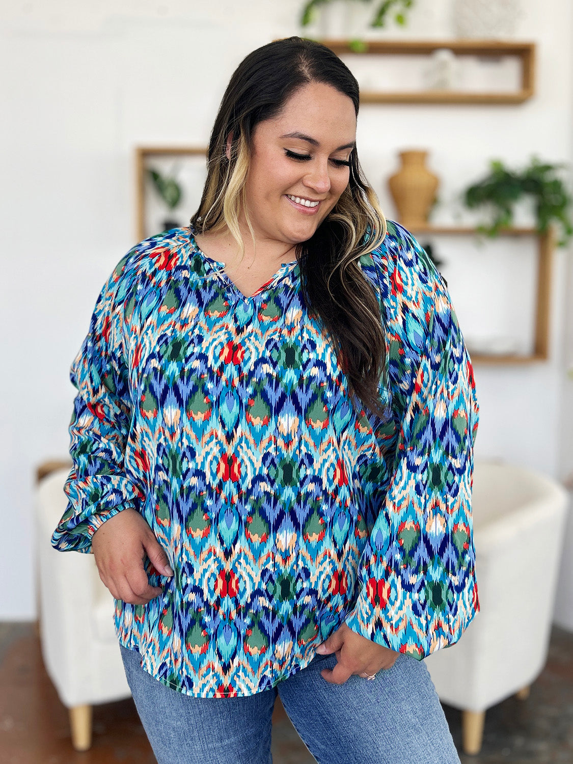 Rosario® | Full size blouse met ballonmouwen en print van Double Take