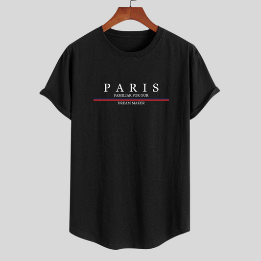 Sabina® | Gestreept katoenen T-shirt van Arc Home met Paris-sloganprint