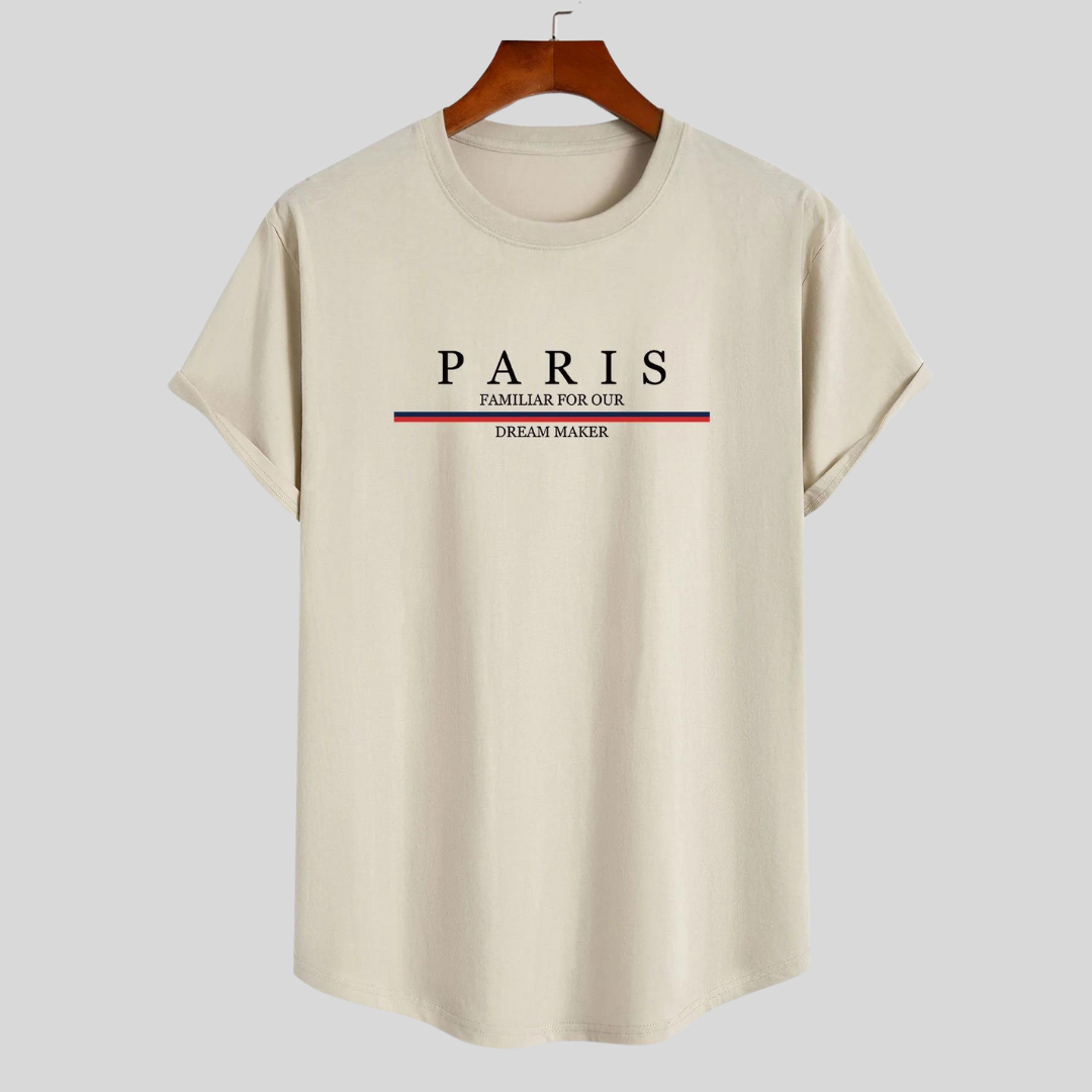 Sabina® | Gestreept katoenen T-shirt van Arc Home met Paris-sloganprint