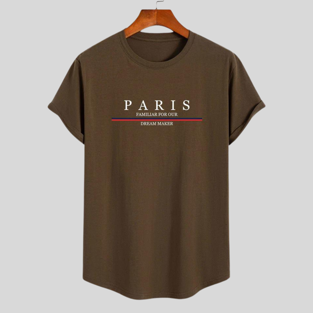 Sabina® | Gestreept katoenen T-shirt van Arc Home met Paris-sloganprint