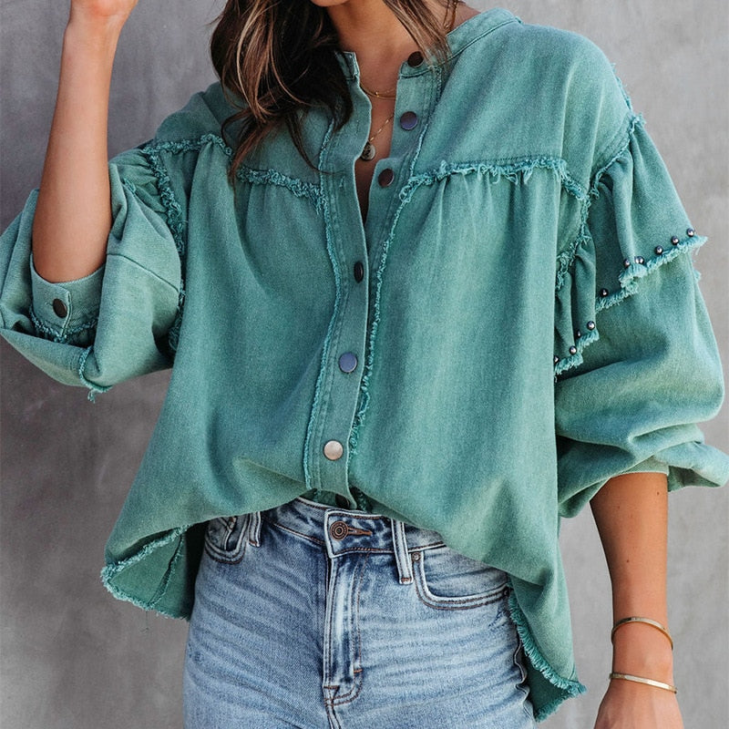 Geloof® | Denim blouse met lantaarnmouwen