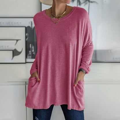 Fiona - Effen T-shirt met ronde hals en lange mouwen en zak