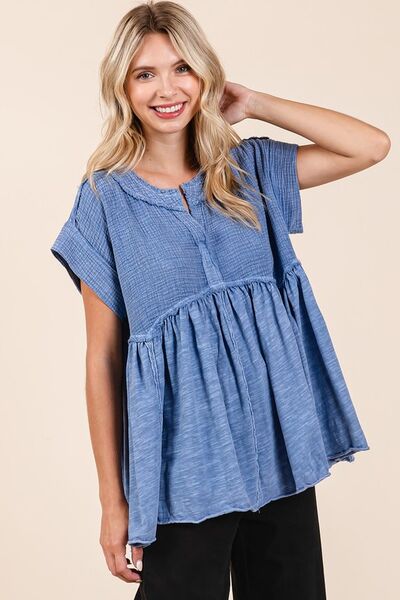 Erika® | Mixed media babydoll blouse met korte mouwen