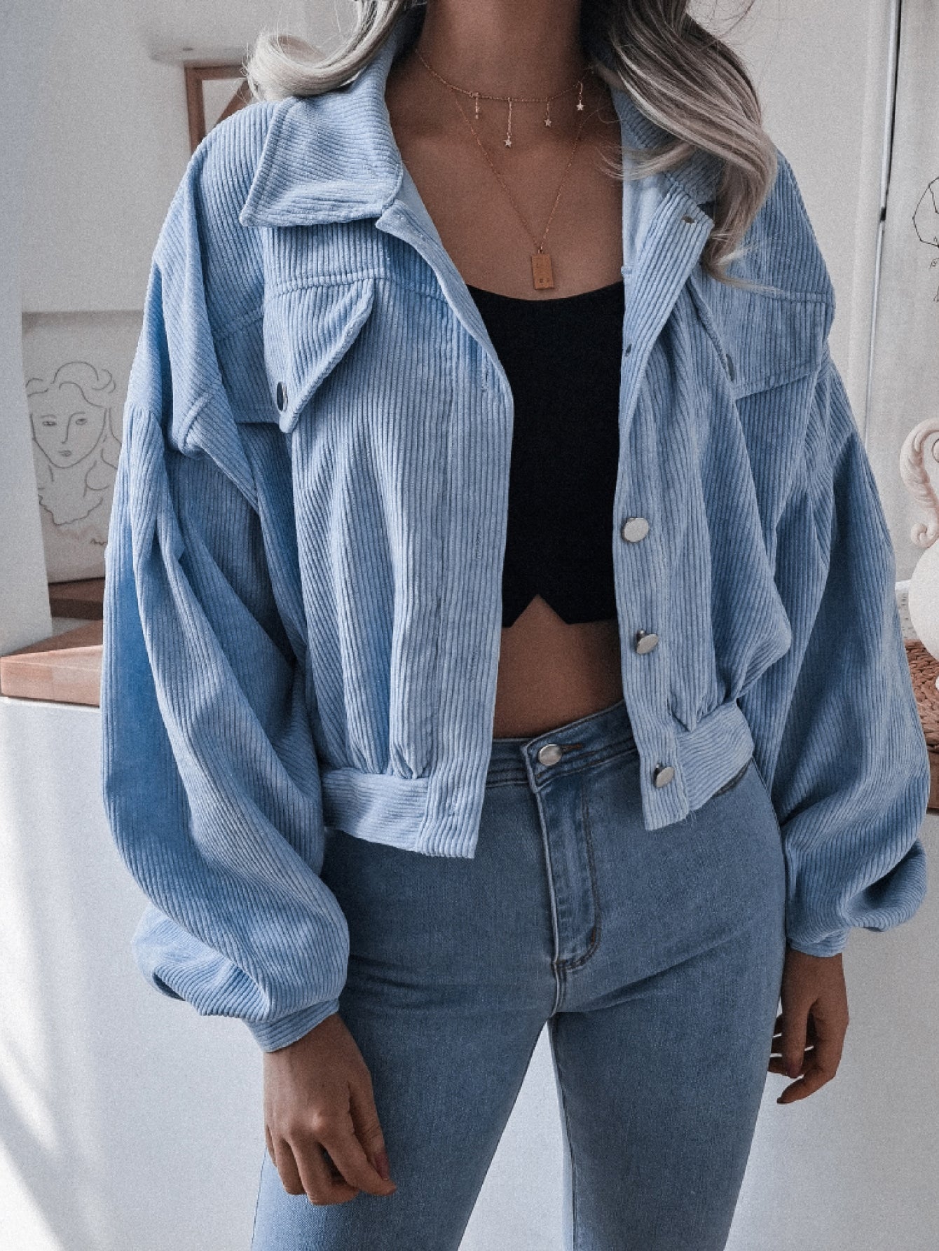 Esther® | Cropped corduroy jasje met lantaarnmouwen