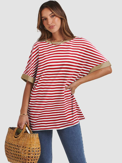 Nancy® | Contrast gestreept T-shirt met ronde hals en halve mouwen