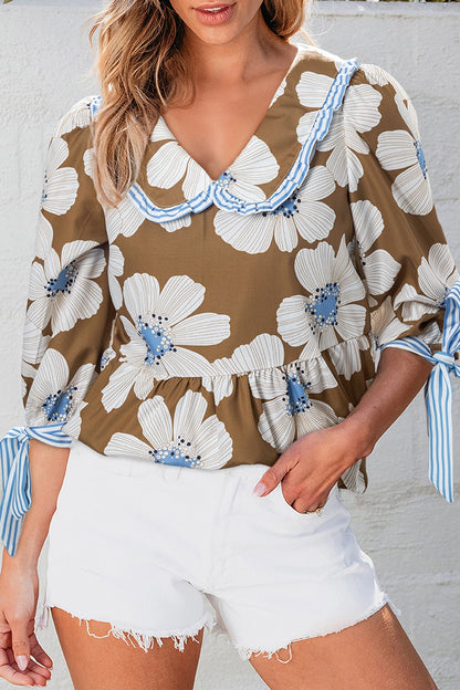 Valentina® | Gestreepte blouse met bloemmotief en gestrikte mouwen