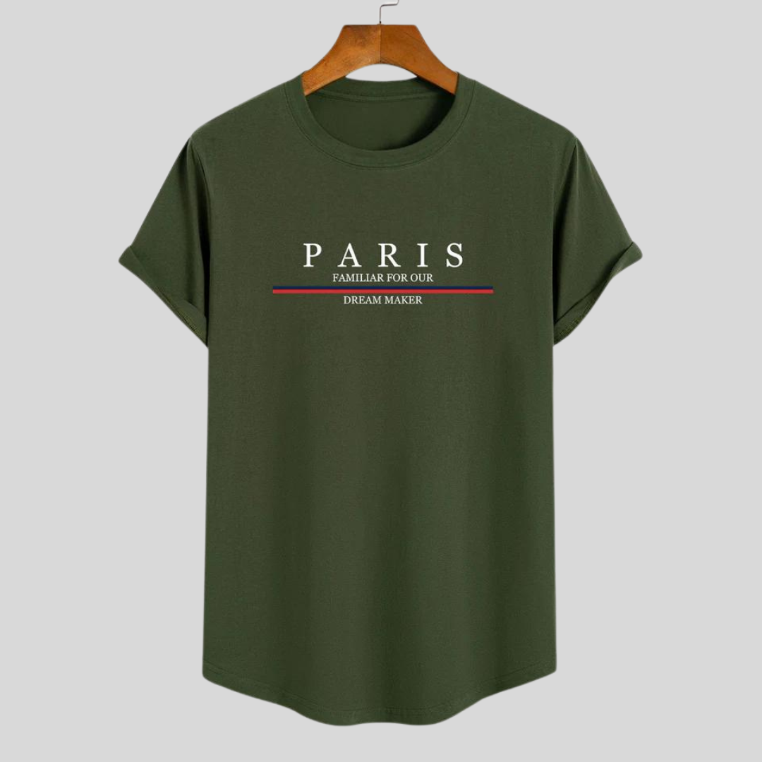 Sabina® | Gestreept katoenen T-shirt van Arc Home met Paris-sloganprint