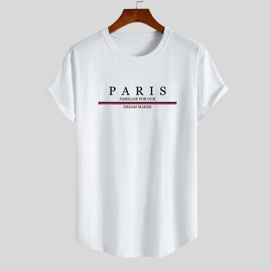 Sabina® | Gestreept katoenen T-shirt van Arc Home met Paris-sloganprint