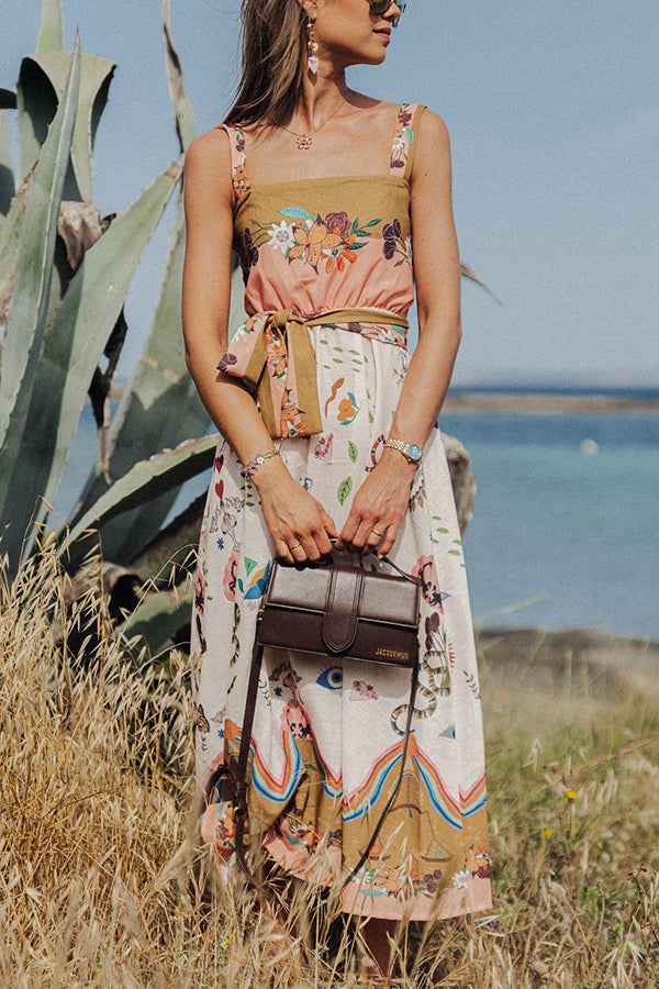 Yazmin® | Summer Vibes linnenmix midi-jurk met unieke print en gesmokte riem