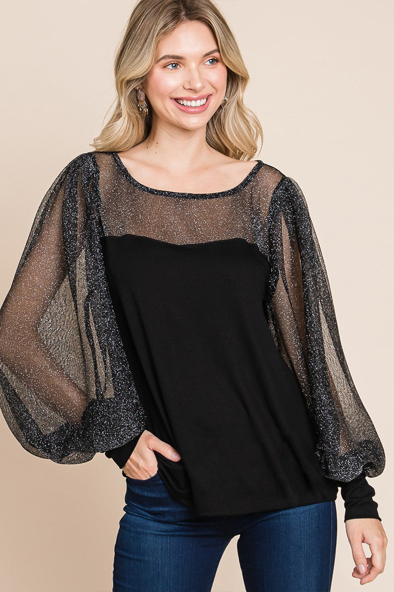 Catalina® | Super lady full-size blouse met metallic mesh en lantaarnmouwen