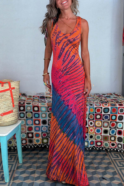 Venetia® | Maxi-jurk met stretch, tie-dye aan de achterkant, veterdetails en fishtail-zoom