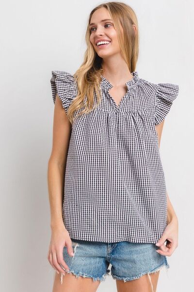 Bianca® | Geruite blouse met ingekerfde ruches en kapmouwtjes