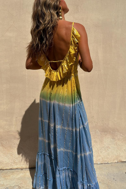 Valery® | Goudkleurige tie-dye maxi-jurk van lurex