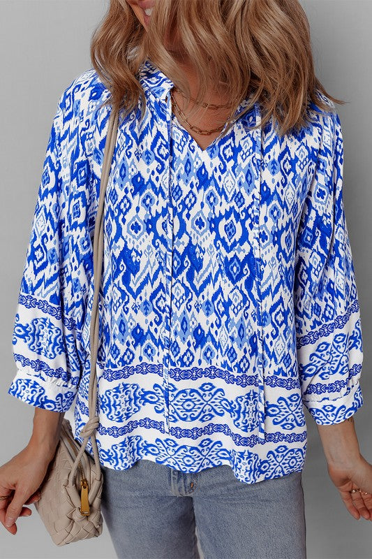 Marina® | Damesblouse met boho-print, 3/4 mouwen en gestrikte hals