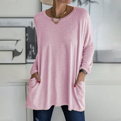 Fiona - Effen T-shirt met ronde hals en lange mouwen en zak