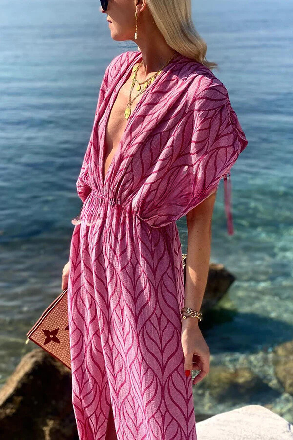 Adriana® | Maxi-strandjurk met print, kimono en trekkoord