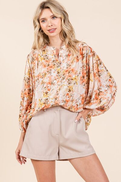 Edna® | Gebloemde blouse met vleermuismouwen en knoopsluiting