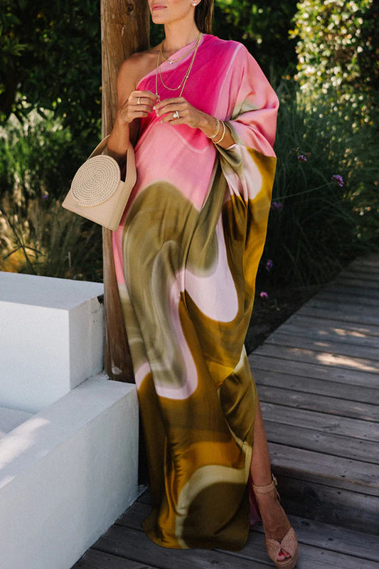 Melisa® | Summertime Favorites tie-dye satijnen maxi-jurk met gedrapeerd schouderdetail